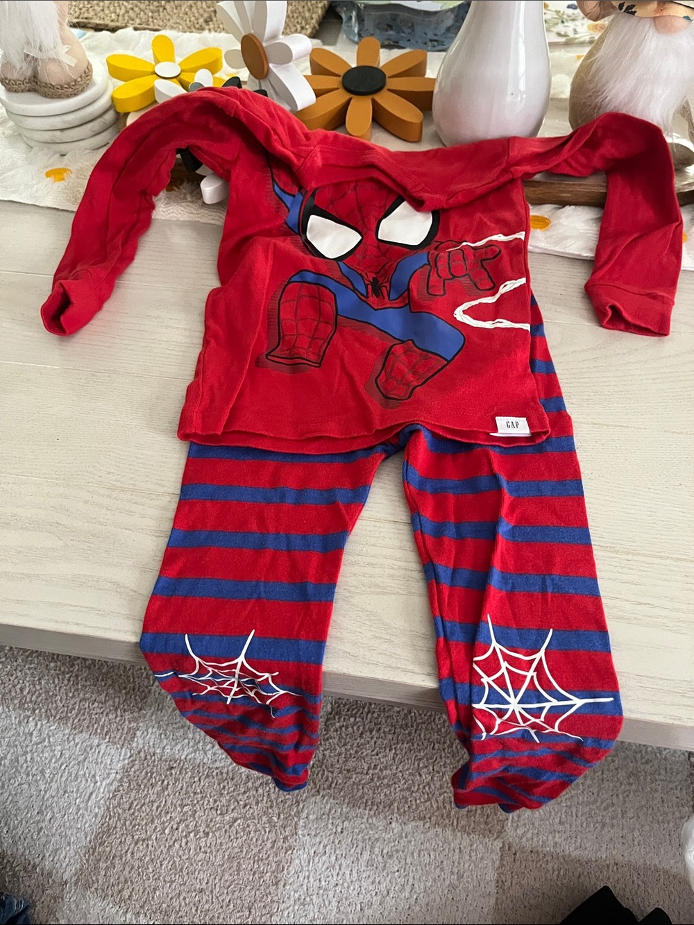 GAP Red and Blue Spider Character Kids Pajama Set - Graphic Top & Striped Pants